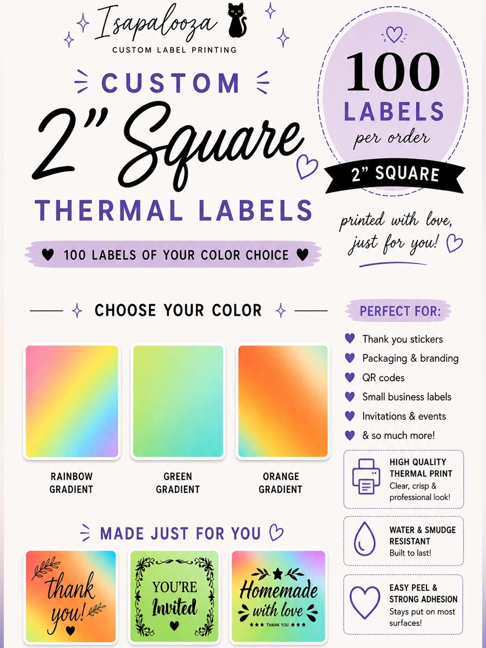 100 Custom 2” Square Thermal Labels - Choose Color